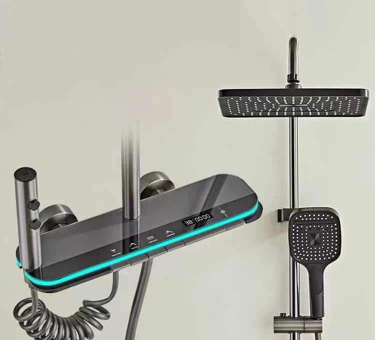 🚿 Smart Gun Gray Thermostatic Shower Set with LED Touch Display & Multi-Spray Modes