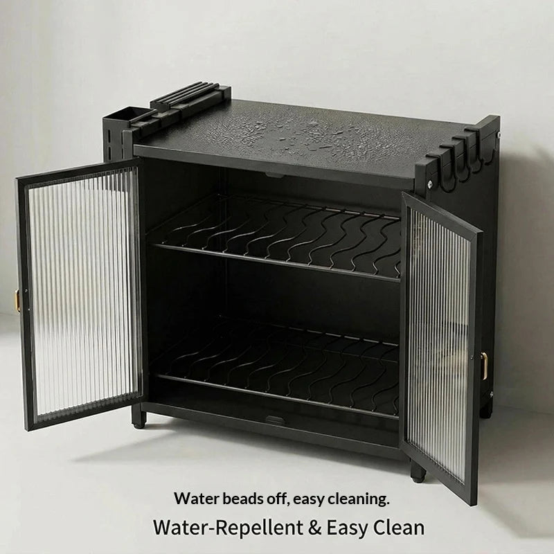 Carbon Steel Kitchen Dish Cabinet with Drain Tray – Double Door Double Rack (17.5 x 17.5")