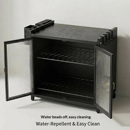 Carbon Steel Kitchen Dish Cabinet with Drain Tray – Double Door Double Rack (17.5 x 17.5")