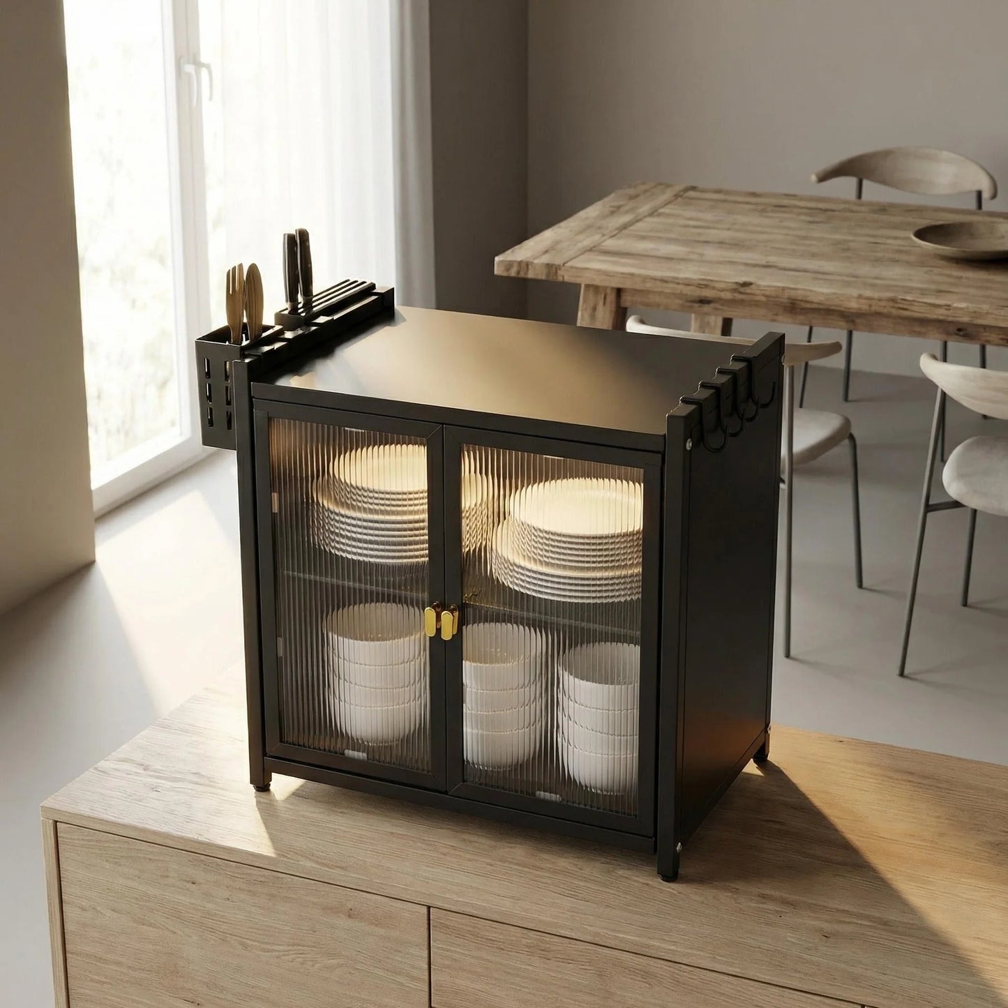 Carbon Steel Kitchen Dish Cabinet with Drain Tray – Double Door Double Rack (17.5 x 17.5")