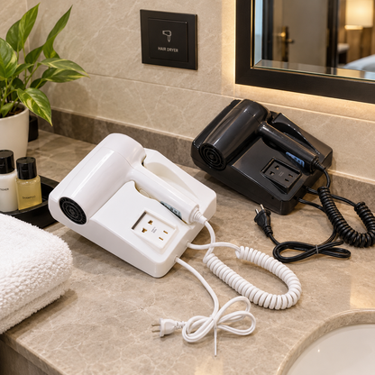 Wall-Mounted Hotel Hair Dryer with Power Outlet | Compact & Dual Function