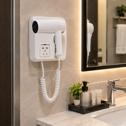 Wall-Mounted Hotel Hair Dryer with Power Outlet | Compact & Dual Function