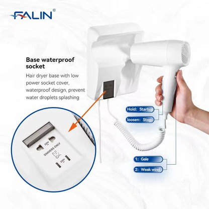 Wall-Mounted Hotel Hair Dryer with Power Outlet | Compact & Dual Function