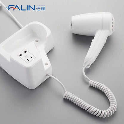 Wall-Mounted Hotel Hair Dryer with Power Outlet | Compact & Dual Function