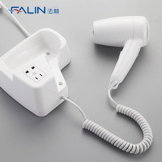 Wall-Mounted Hotel Hair Dryer with Power Outlet | Compact & Dual Function